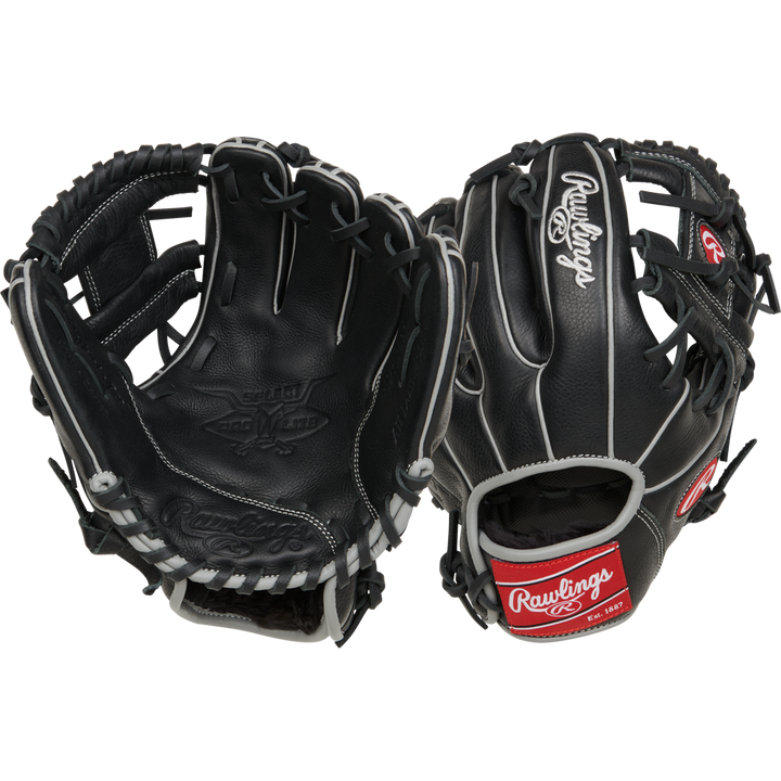 Two black Rawlings Select Pro Lite 10.5" Carlos Correa youth baseball gloves (RSPL105CC) with white laces and stitching, shown from palm and back; each displays the Rawlings logo in white and a red patch near the wrist.