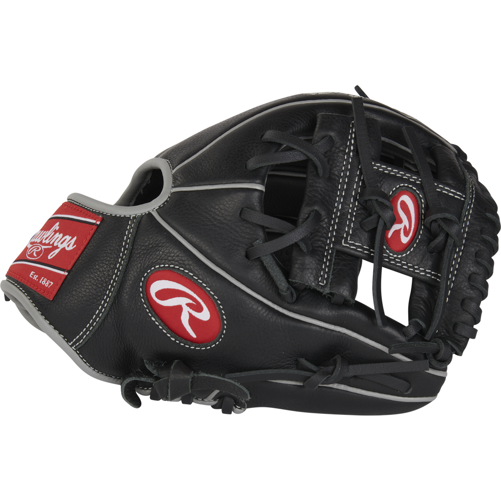 A black and gray Rawlings Select Pro Lite 10.5" Carlos Correa youth baseball glove (RSPL105CC) with red and white logos, laces, and stitching is displayed against a plain white background.