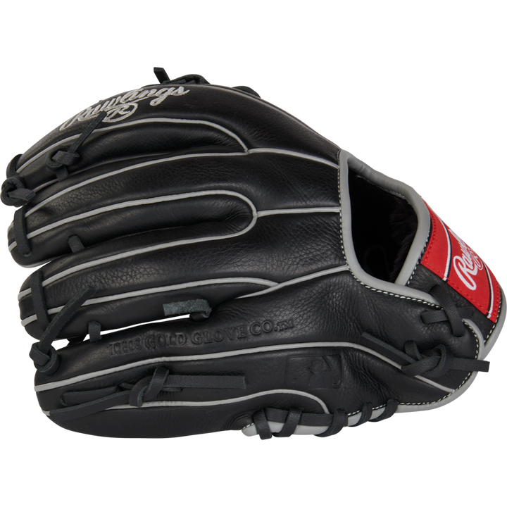 The Rawlings Select Pro Lite 10.5" Carlos Correa youth baseball glove (RSPL105CC) features black leather with white stitching and a red Rawlings logo patch near the wrist, shown from the side against a plain background.