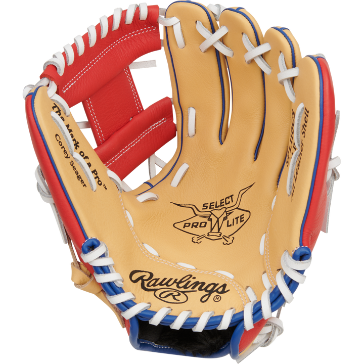 The Rawlings Select Pro Lite 11" Corey Seager Baseball Glove (SPL110CS) features white and red stitching, inspired by the youth glove from Rawlingsโ popular series.
