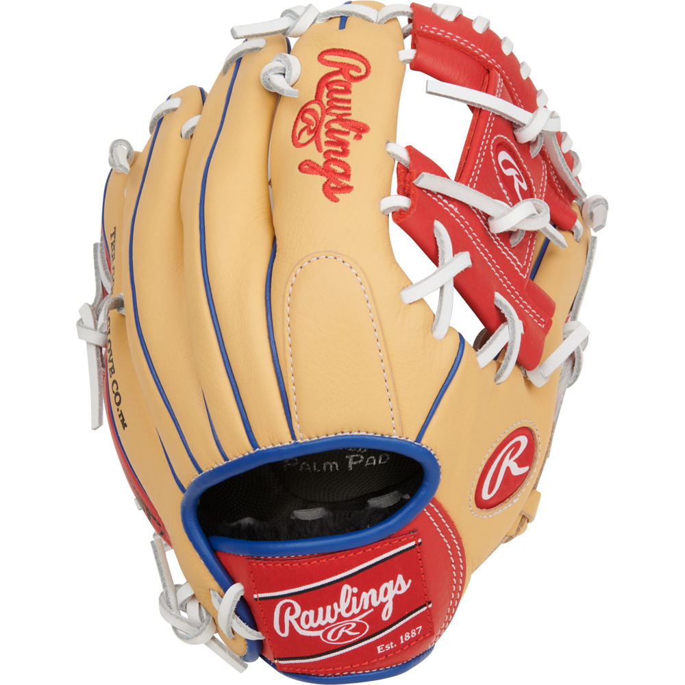 The Rawlings Select Pro Lite 11" Corey Seager Baseball Glove (SPL110CS) features a tan and red design with white laces, blue accents, and the Rawlings logo on the wrist strap and index finger.