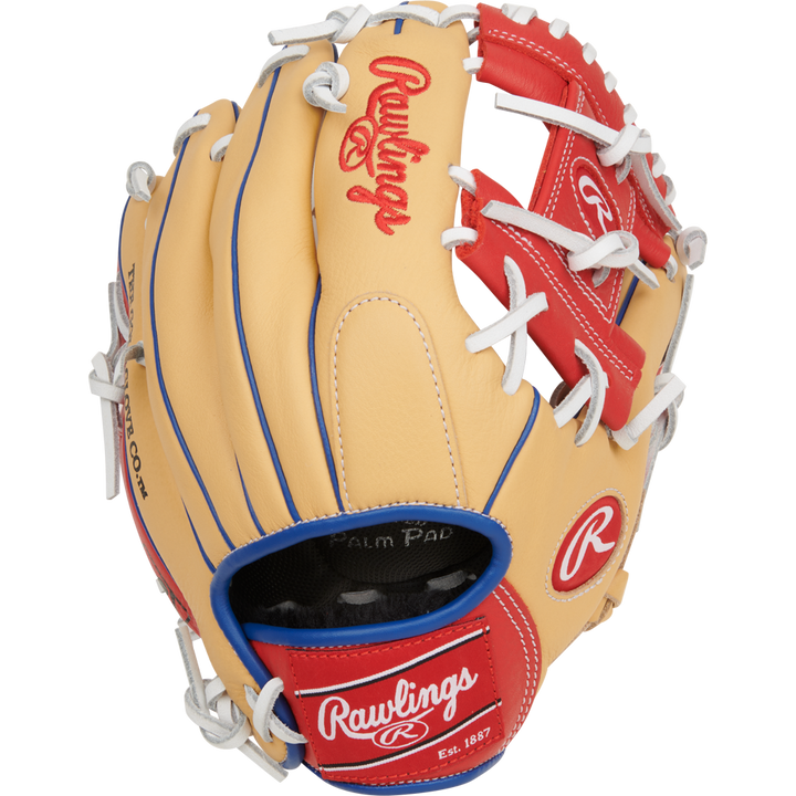 The Rawlings Select Pro Lite 11" Corey Seager Baseball Glove (SPL110CS) features a tan and red design with white laces, blue accents, and the Rawlings logo on the wrist strap and index finger.