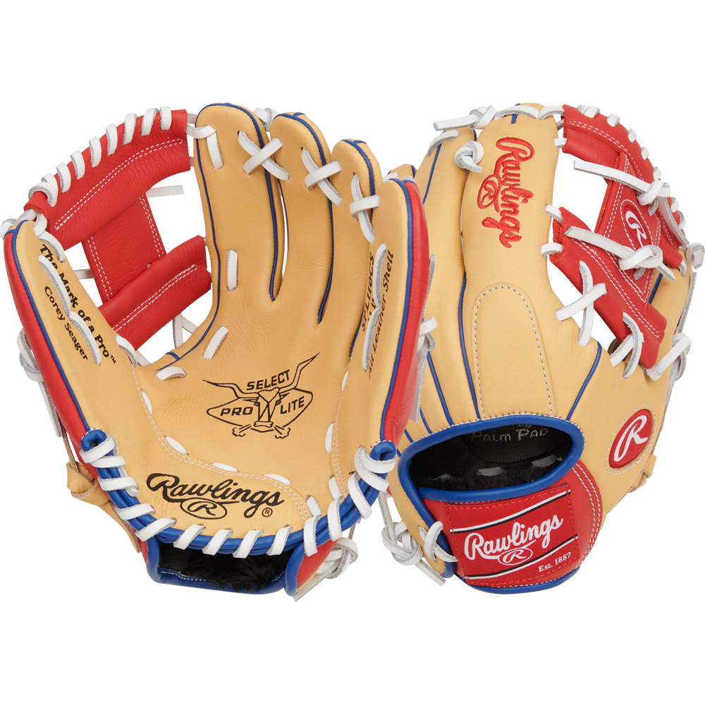 Two Rawlings Select Pro Lite 11" Corey Seager baseball gloves are displayed front and back, showing tan leather, red and blue accents, white laces, โRawlingsโ branding, webbing, and palm features of this infield glove.
