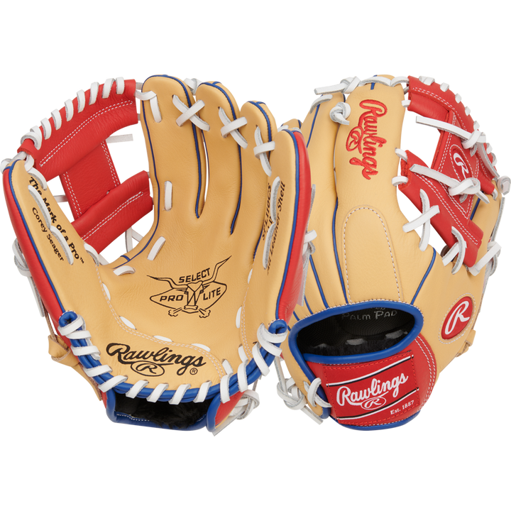 Two Rawlings Select Pro Lite 11" Corey Seager baseball gloves are displayed front and back, showing tan leather, red and blue accents, white laces, โRawlingsโ branding, webbing, and palm features of this infield glove.