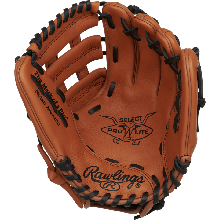The Rawlings Select Pro Lite 11" Nolan Arenado Baseball Glove (RSPL110NA) is tan with black laces, features Nolan Arenado’s signature, Select Pro Lite branding, and the Rawlings logo on the palm, pictured on a white background.