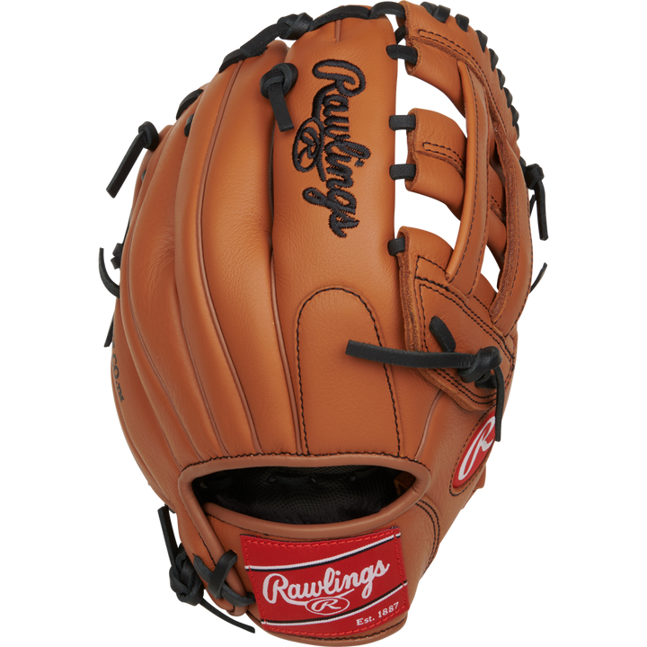 The Rawlings Select Pro Lite 11" Nolan Arenado Baseball Glove (RSPL110NA) features a tan design with black stitching and laces, a black Rawlings logo, and a red patch by the wrist, inspired by Nolan Arenado’s signature style.