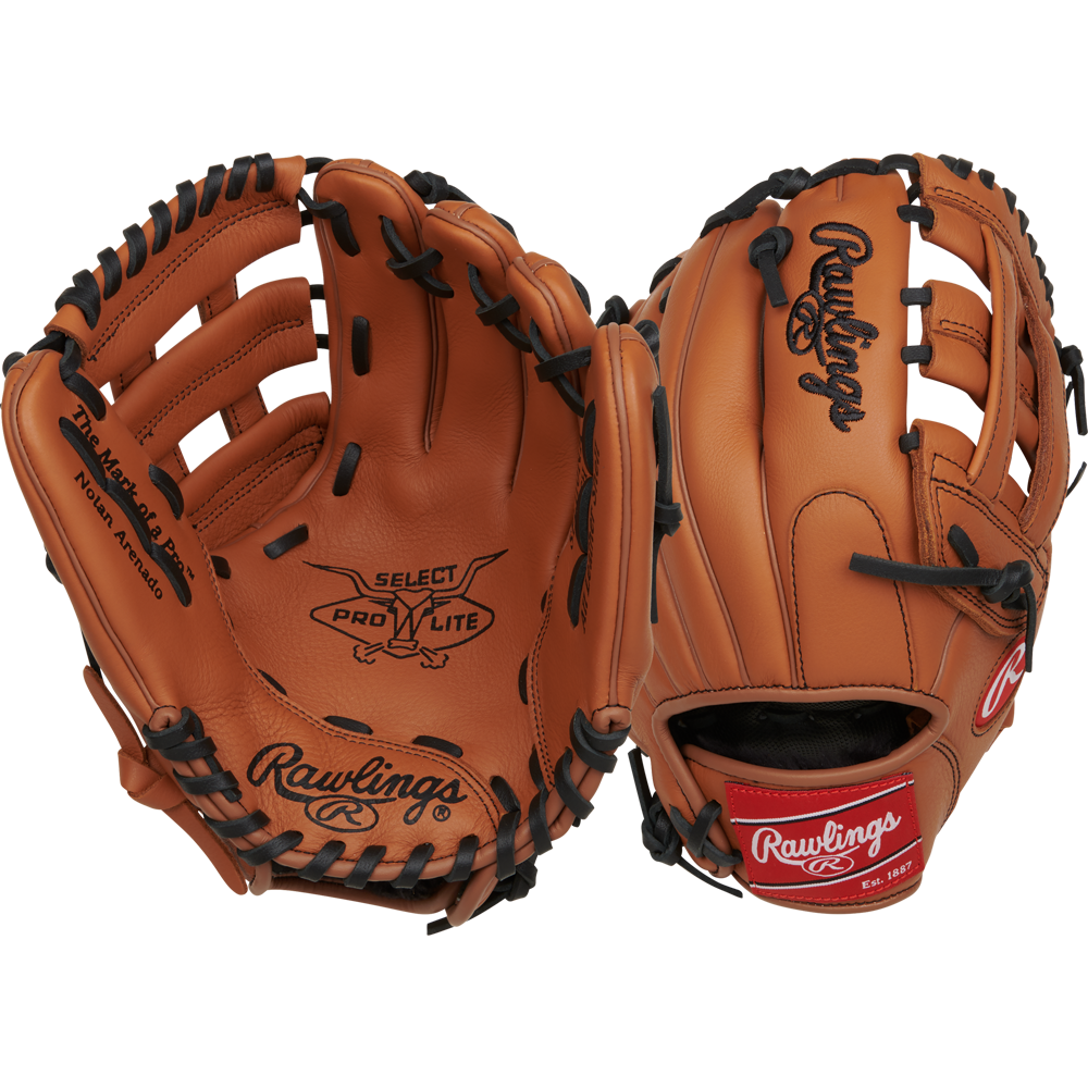 Two tan Rawlings Select Pro Lite 11" Nolan Arenado baseball gloves (RSPL110NA) are shown: one displays the open palm with black lacing and youth glove text, the other shows the back with Rawlings branding and a red wrist patch.
