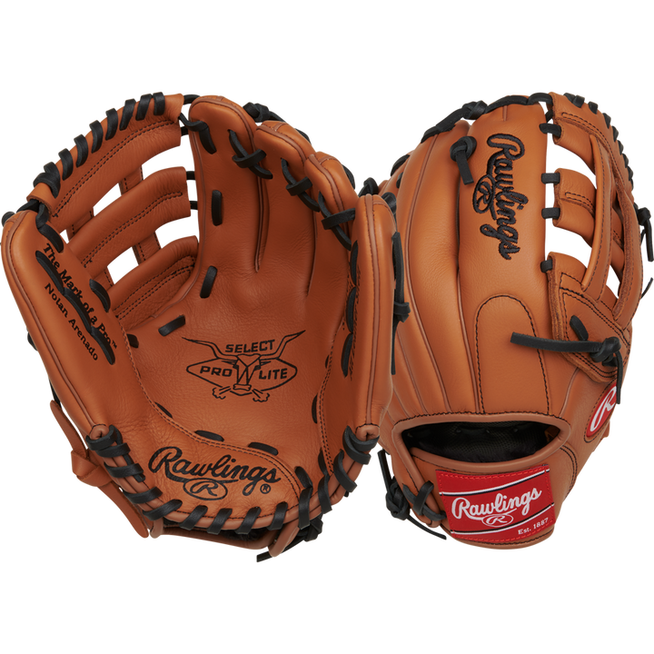 Two tan Rawlings Select Pro Lite 11" Nolan Arenado baseball gloves (RSPL110NA) are shown: one displays the open palm with black lacing and youth glove text, the other shows the back with Rawlings branding and a red wrist patch.