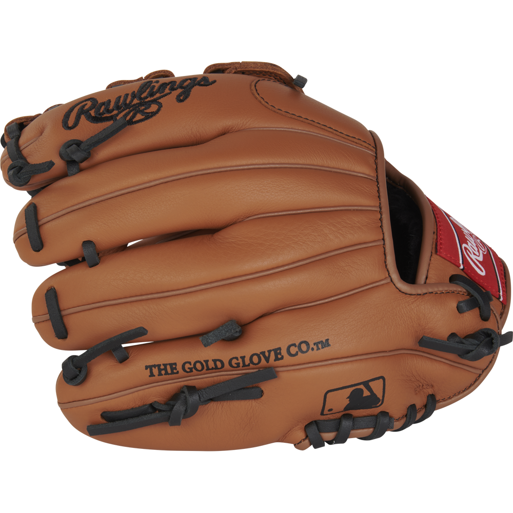 The Rawlings Select Pro Lite 11" Nolan Arenado youth baseball glove (RSPL110NA) features tan leather, black laces, THE GOLD GLOVE CO. and MLB logo on the palm, and a red Rawlings patch near the wrist.