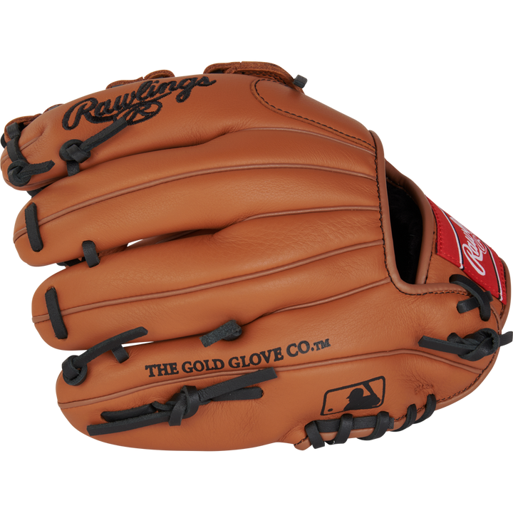 The Rawlings Select Pro Lite 11" Nolan Arenado youth baseball glove (RSPL110NA) features tan leather, black laces, THE GOLD GLOVE CO. and MLB logo on the palm, and a red Rawlings patch near the wrist.