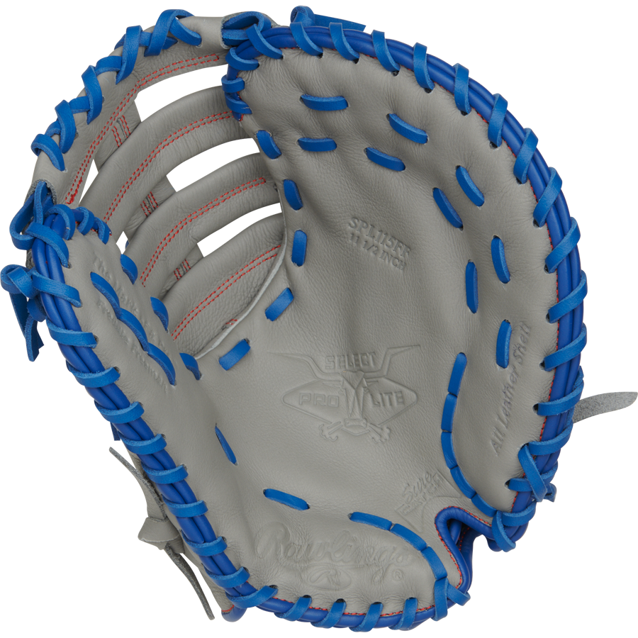 The Rawlings Select Pro Lite 11.5" Freddie Freeman First Base Mitt (SPL115FF) is a grey glove with blue lacing, red stitching, and embossed branding visible on the palm area. Glove is shown open to display the inside.