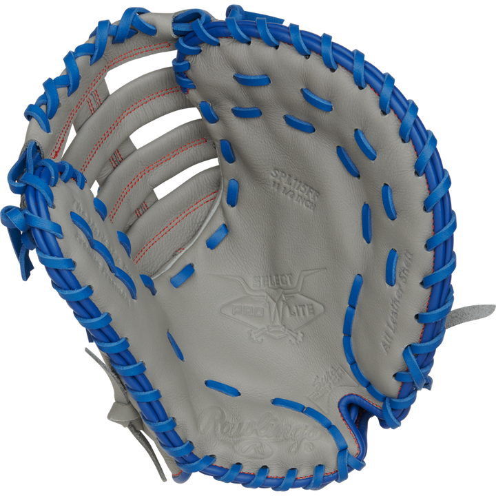 The Rawlings Select Pro Lite 11.5" Freddie Freeman First Base Mitt (SPL115FF) is a grey glove with blue lacing, red stitching, and embossed branding visible on the palm area. Glove is shown open to display the inside.