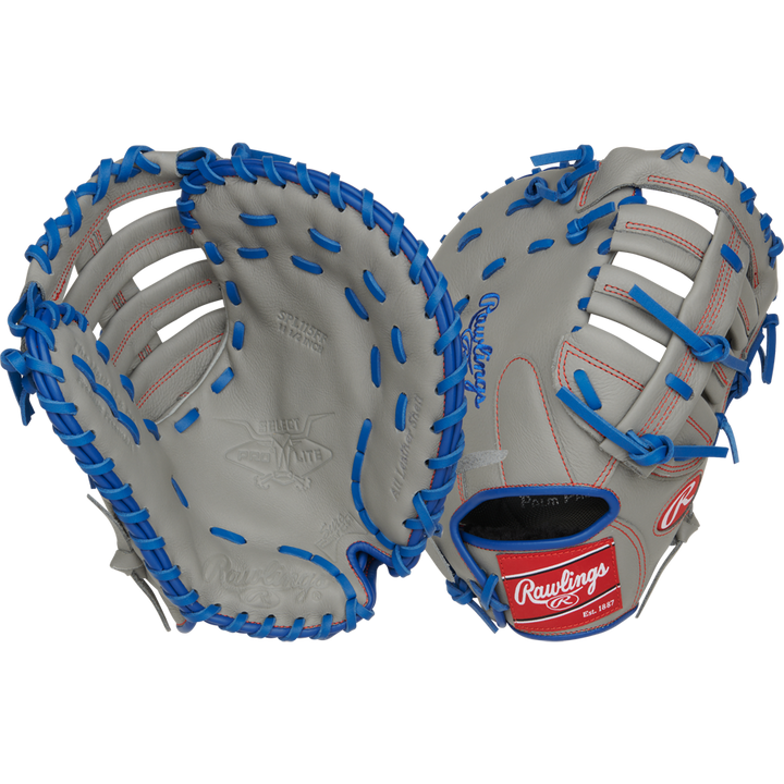 Two Rawlings Select Pro Lite 11.5" Freddie Freeman First Base Mitts with blue laces, red stitching, and gray color are shown open to display front and back, each featuring the Rawlings logo on the wrist strap.