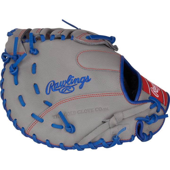 A gray Rawlings Select Pro Lite 11.5" Freddie Freeman First Base Mitt (SPL115FF) with blue laces, red stitching, the Rawlings logo, and The Gold Glove Co. text—styled after Freddie Freeman’s glove.