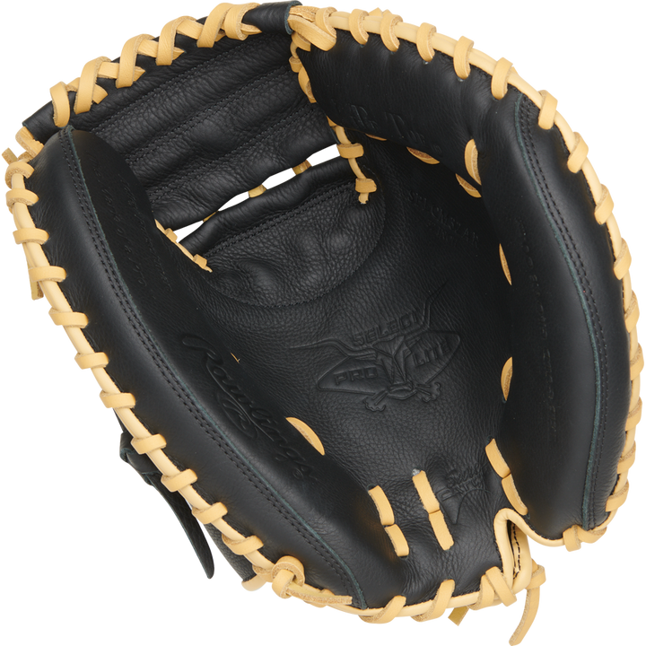 A Rawlings Select Pro Lite 32" Adley Rutschman Baseball Catcher's Mitt (SPLCM32AR), black with tan lacing, is shown from above highlighting the pocket and interior details.