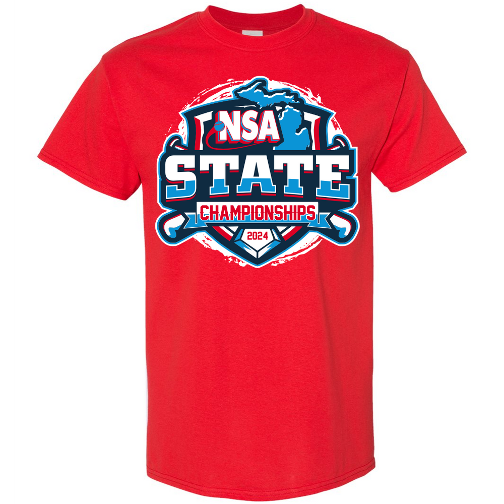 The 2024 NSA Michigan State Championships Fastpitch Tournament T-Shirt by DSG Apparel is a red cotton tee with a bold logo and DRI-GEAR technology for all-day dry comfort.