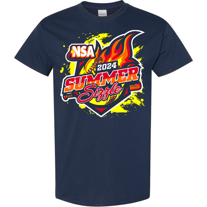 The DSG Apparel 2024 NSA Summer Sizzle Fastpitch Tournament T-Shirt is a navy blue dry fit shirt with a flaming softball graphic, "NSA 2024 Summer Sizzle" text in red, yellow, and white, and a bright yellow paint splatter background.
