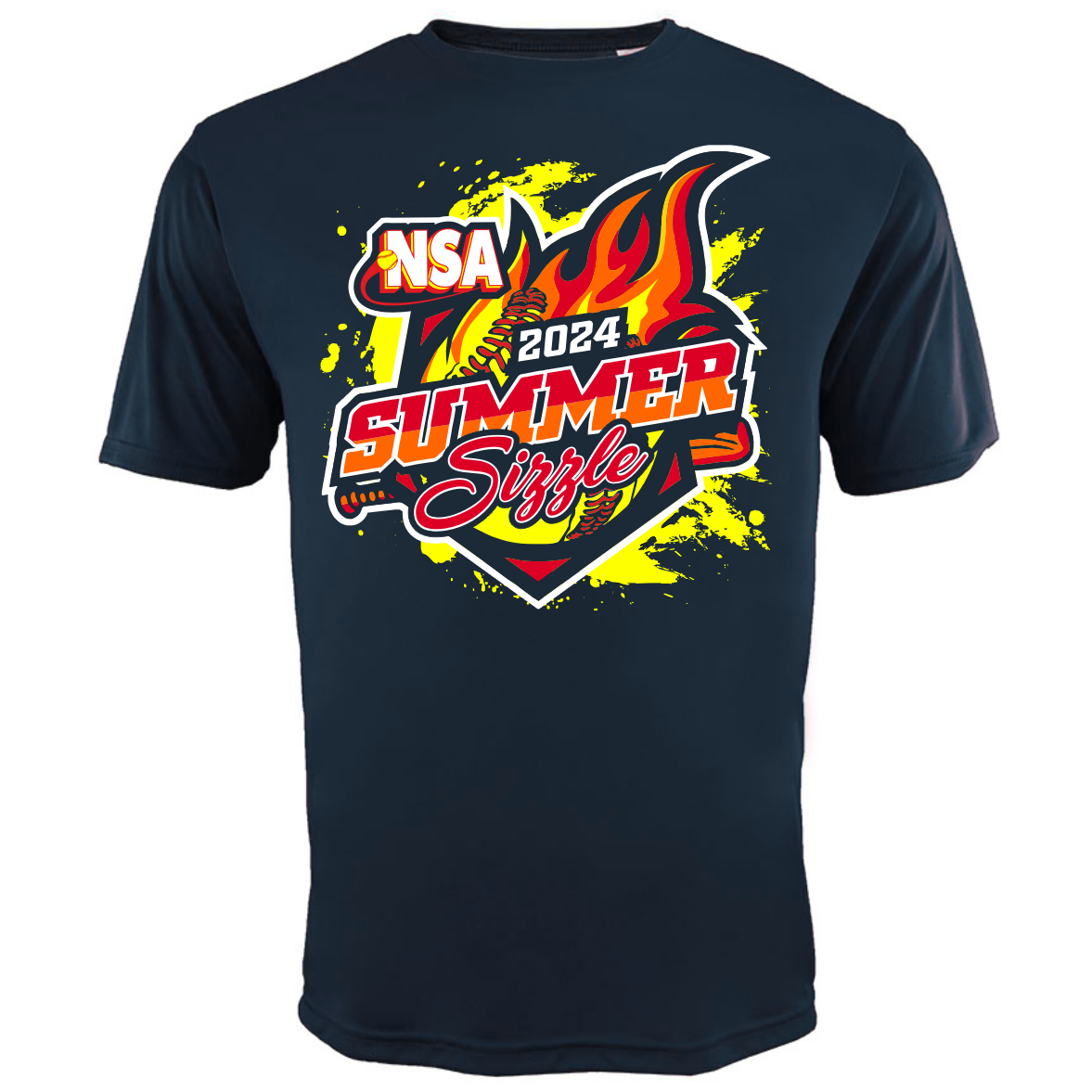 Stay cool in the DSG Apparel 2024 NSA Summer Sizzle Fastpitch Tournament T-Shirt—a navy blue DRI-GEAR shirt with a flaming softball graphic, "NSA 2024" up top, and bold "Summer Sizzle" text in red, yellow, and white.