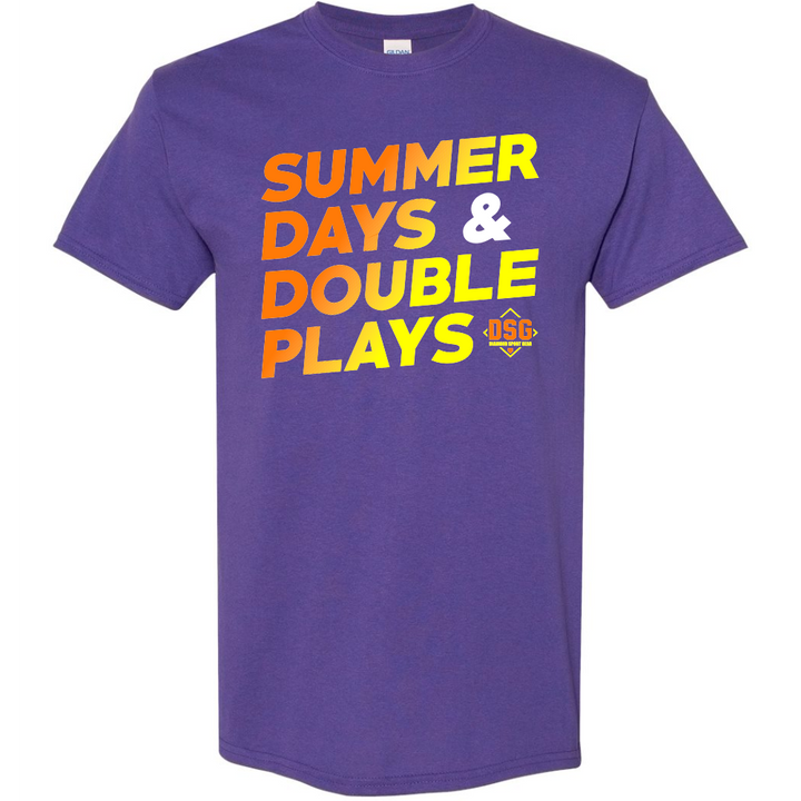 The DSG Apparel Summer Days T-Shirt (DSG-SDDP) features a purple, classic fit with bold yellow, orange, and white "SUMMER DAYS & DOUBLE PLAYS" text and a small DSG logo. Made from soft, pre-shrunk cotton for comfort.