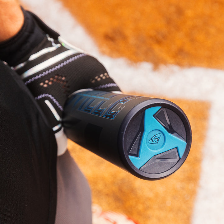 A person holding a 2025 Louisville Slugger Omaha (-3) BBCOR Baseball Bat (WBL2984010), a one-piece alloy bat from Louisville Slugger with an EVOKE Alloy Barrel.