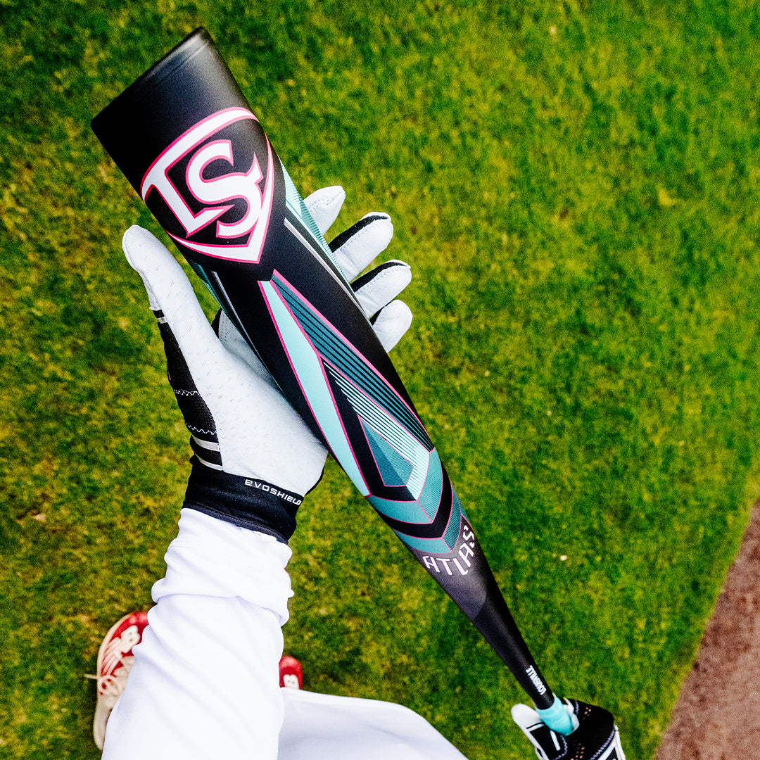 A person holding a Louisville Slugger Atlas (-3) BBCOR Baseball Bat (2025, WBL2968010 DEMO), a one-piece alloy bat by Louisville Slugger.