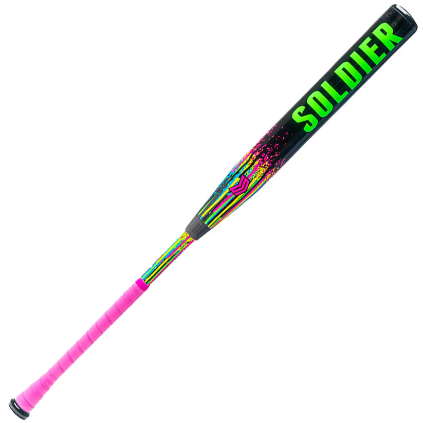 The Soldier Sports 2026 Soldier Tank (-10) Fastpitch Softball Bat (S-10-26-2) features bold neon green SOLDIER on a black barrel, vibrant graphics, a pink grip, and a light swing weight for easy handling.