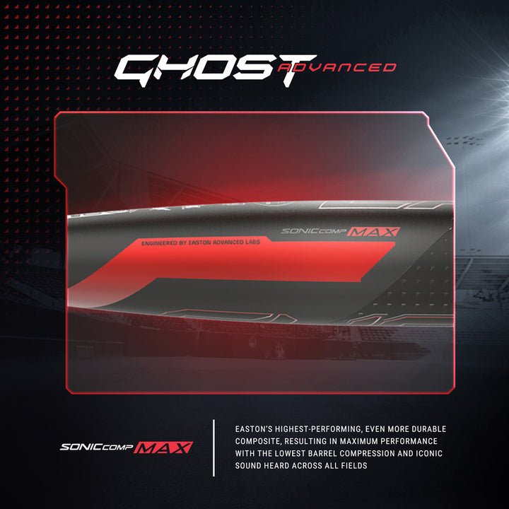 Close-up of the 2024 Easton Ghost Advanced (-9) Fastpitch Softball Bat (EFP4GHAD9), showcasing its red and black design, âSonic Comp Maxâ logo, and advanced composite tech for high performance and durabilityâpremium quality from Easton.