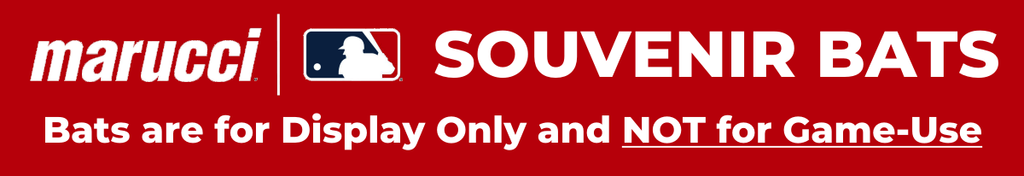 Red banner with the Marucci and MLB logos. White text reads: SOUVENIR BATS. Bats are for Display Only and NOT for Game-Use, with NOT for Game-Use underlined for emphasis.