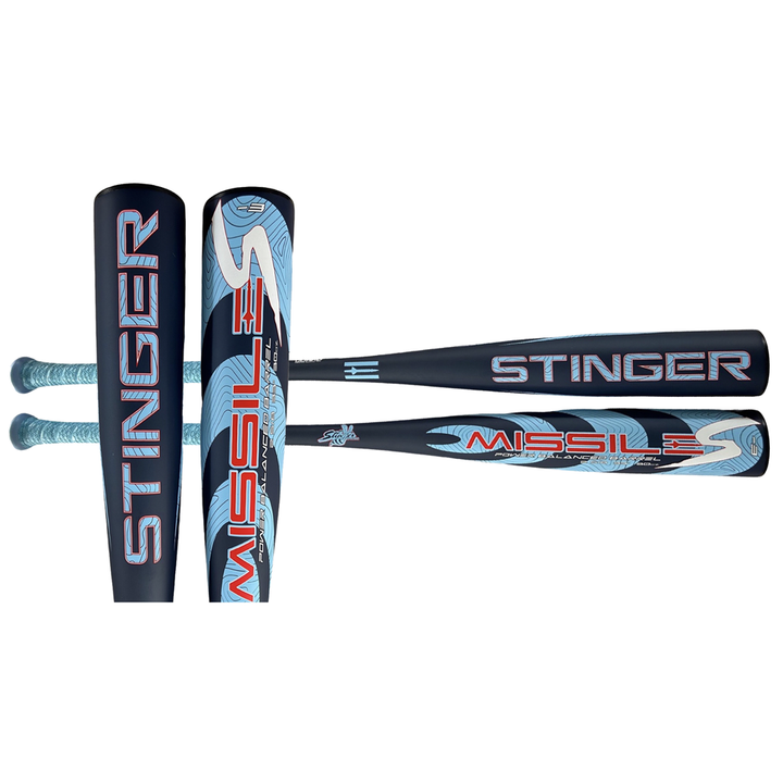 Four views of the 2024 Stinger Missile S (-3) BBCOR Baseball Bat by Stinger Sports, featuring bold STINGER and MISSILE S text, vibration-reducing technology, light blue grip tape, and a patterned handle design.