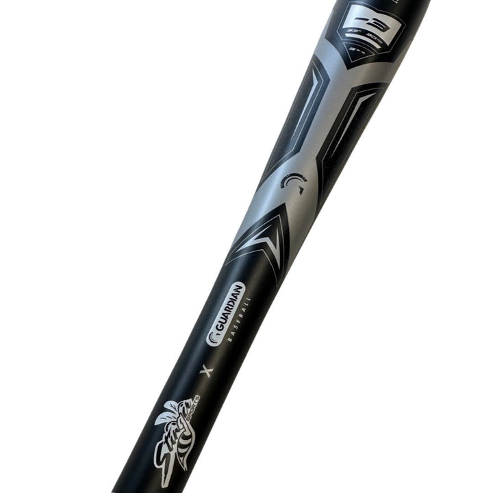 A close-up of the 2022 Stinger Guardian (-3) BBCOR Baseball Bat by Stinger Sports, showcasing bold graphics, balanced swing weight, black and silver design, and a -3 weight marking on the barrel.