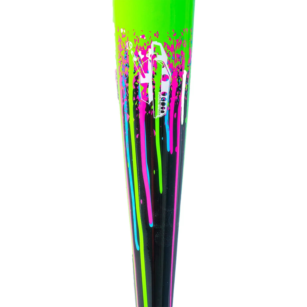 A close-up of the Soldier Sports 2026 Soldier Tank2 (-3) BBCOR Baseball Bat: BB-1-26 features vibrant neon green, pink, blue, and purple paint splatters on black with a white graphic design near the top.