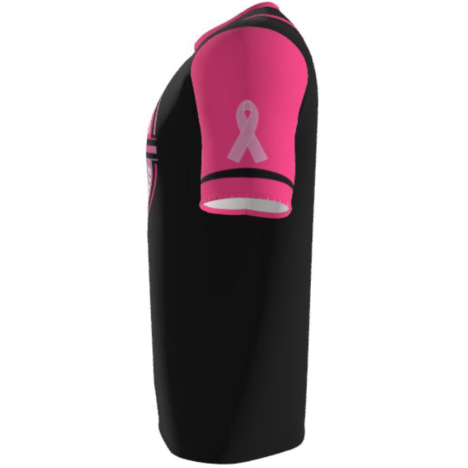 The DSG Apparel National Softball Association NSA Breast Cancer Awareness Sublimated Short Sleeve Shirt features black and pink colors, a pink sleeve with a white ribbon, and full dye sublimation for vibrant, lasting color.