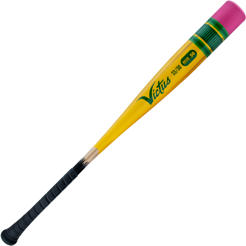 The 2025 Victus Vibe Pencil (-3) BBCOR Baseball Bat (VCBVIBP) by Victus features a yellow pencil design with a pink eraser tip, black grip, vibration-reducing knob, and displays "33/30," "Pro 50," and the Victus logo.