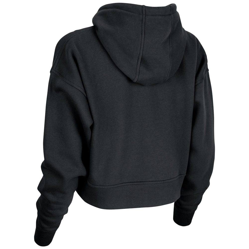 A back view of the Champro Sports National Softball Association NSA Home Plate Women's Crop Hoodie is shown, featuring a plain black design with long sleeves, relaxed shoulders, a loose fit, and no visible logos or designs.