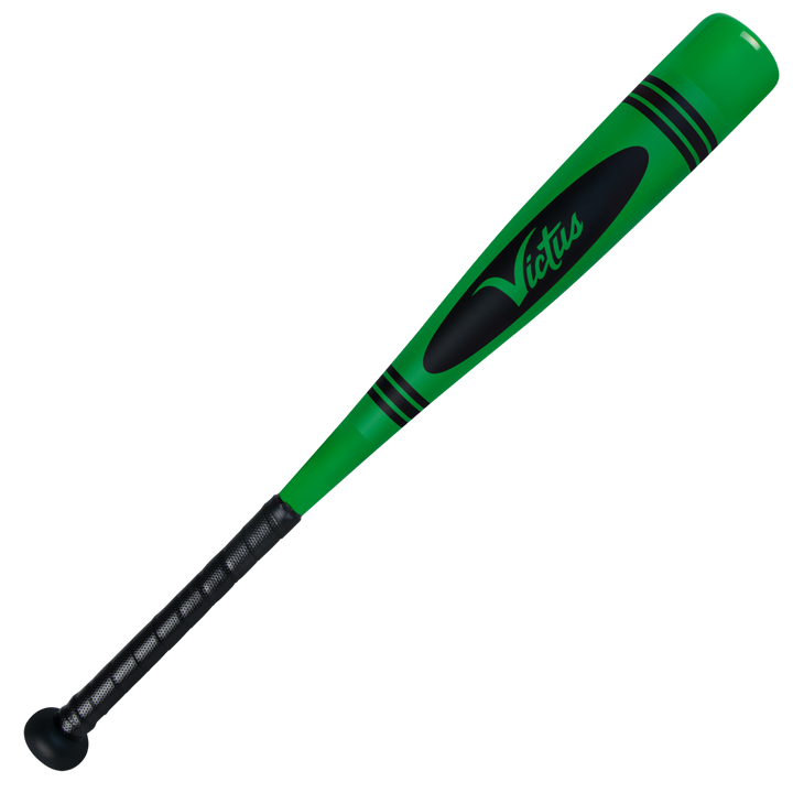 The 2025 Victus Vibe Crayon JBB (-10) USSSA Baseball Bat features a green aluminum barrel with black accents, a black grip, and the Victus logo. It offers a vibration-reducing knob and textured handle for comfort, shown on a white background.