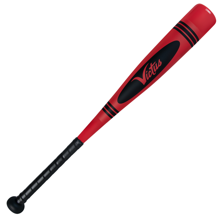 The 2025 Victus Vibe Crayon JBB (-10) 2 3/4" USSSA Baseball Bat features a red aluminum barrel, black grip tape and accents, the Victus logo in black script, and a vibration-reducing knob. Displayed against a plain white background.