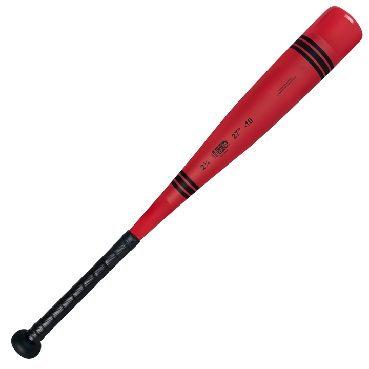 The Victus 2025 Vibe Crayon JBB (-10) USSSA bat features red aluminum, a black grip handle, black stripes near the top, a vibration-reducing knob, and is shown on a white background.