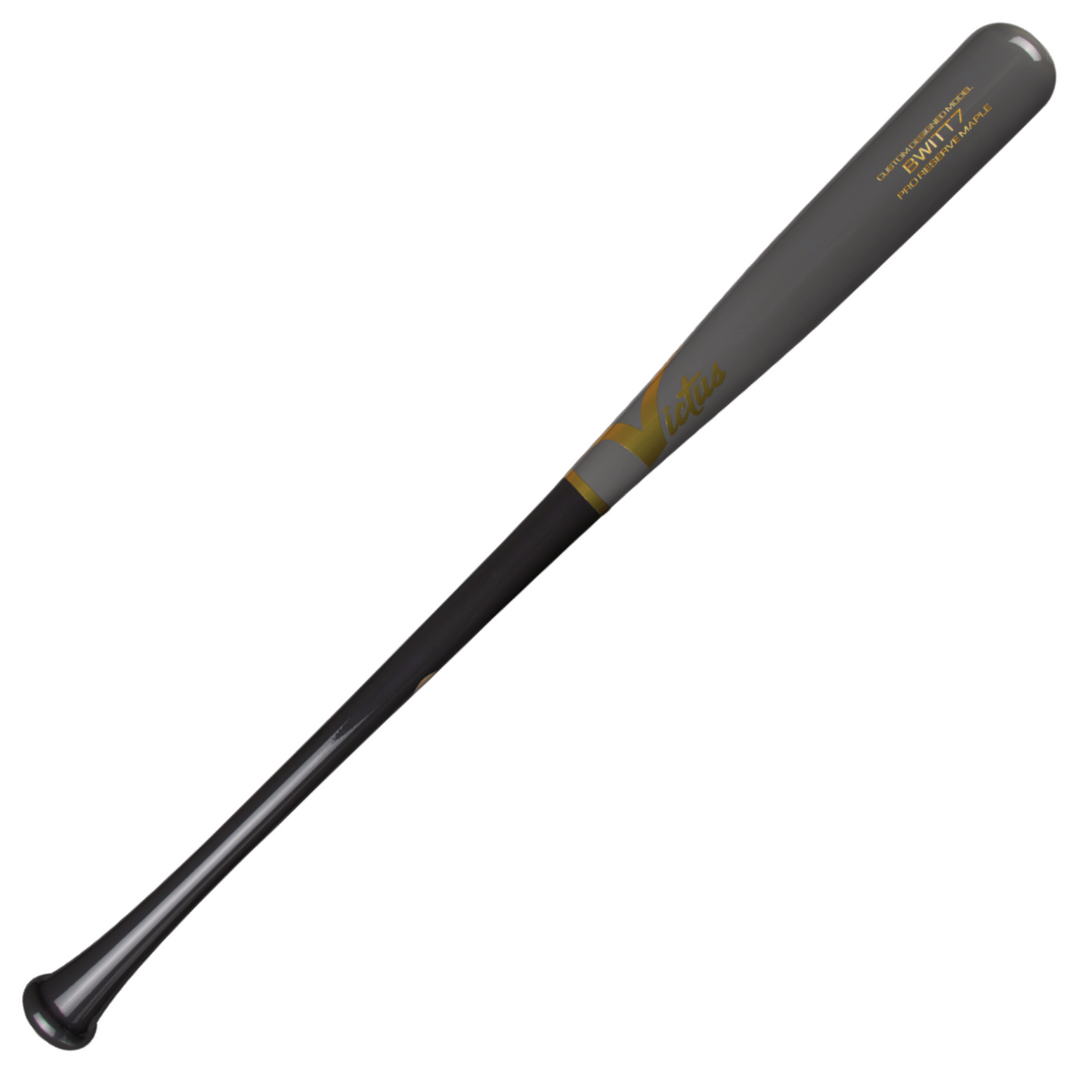 A black and gray Victus Bobby Witt Jr BWITT7 Pro Reserve maple wood bat (model VRWMBWITT7) with gold lettering is shown angled diagonally against a white background, displaying the Victus brand name on the barrel.