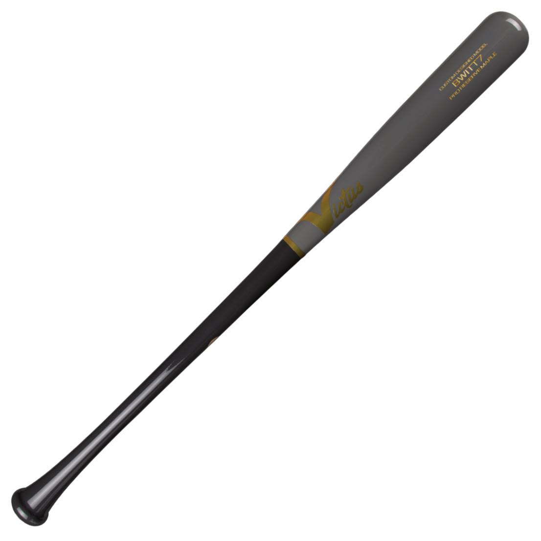 A black and gray Victus Bobby Witt Jr BWITT7 Pro Reserve maple wood bat (model VRWMBWITT7) with gold lettering is shown angled diagonally against a white background, displaying the Victus brand name on the barrel.