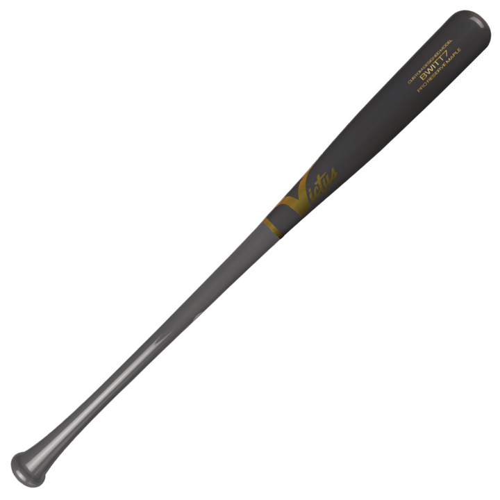 The Victus Bobby Witt Jr BWITT7 Pro Reserve Maple Wood Bat (VRWMBWITT7) features a black and gray design with gold and white Victus branding, showcased on a white background.