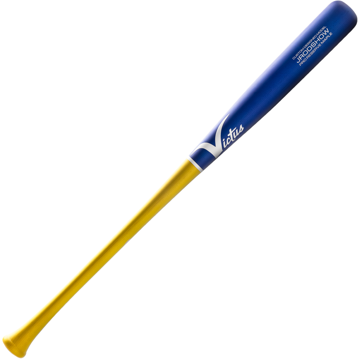The Victus Julio Rodriguez JRODSHOW Pro Reserve Maple Wood Bat (VRWMJROD) features a blue handle and barrel, yellow grip and lower half, and white Victus branding—echoing Julio Rodriguez’s iconic pro model design.