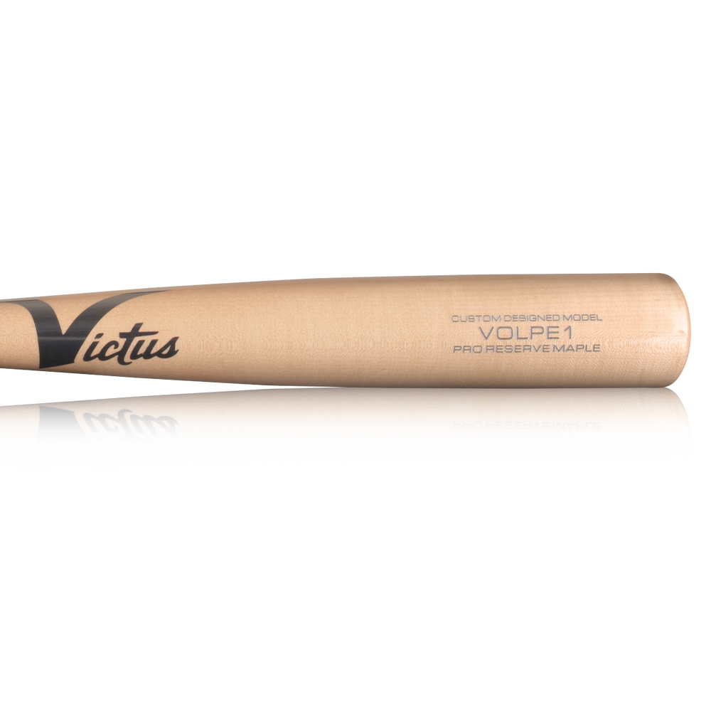 A close-up of the Victus Anthony Volpe VOLPE1 Pro Reserve Maple Wood Bat (VRWMVOLP1) showcases its engraved barrel and premium craftsmanship against a plain white background.