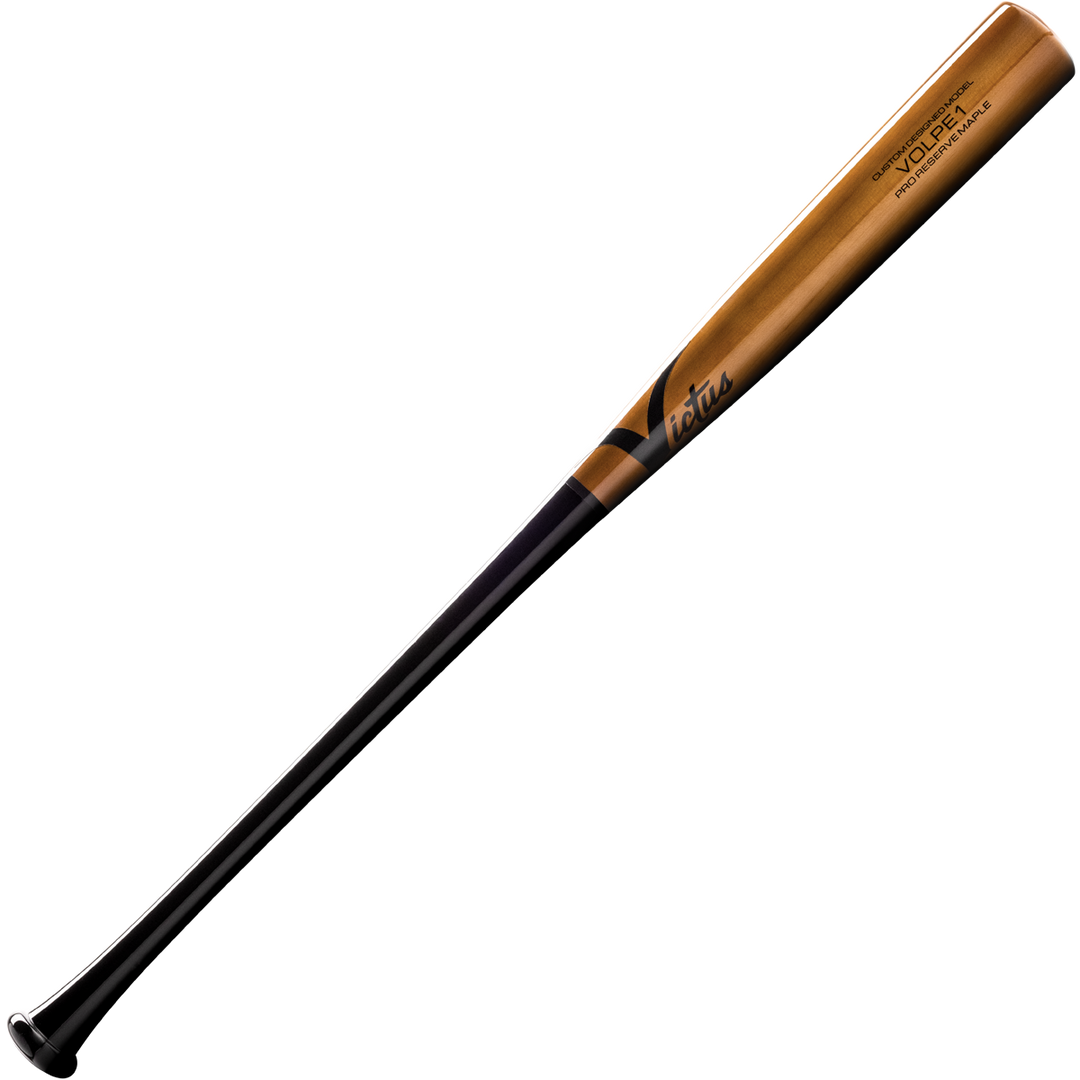 The Victus VOLPE1 Anthony Volpe Pro Reserve Maple Wood Bat (VRWMVOLPE1) by Victus features a natural brown barrel, black handle, balanced design, and branding near the barrel, displayed on a light background.