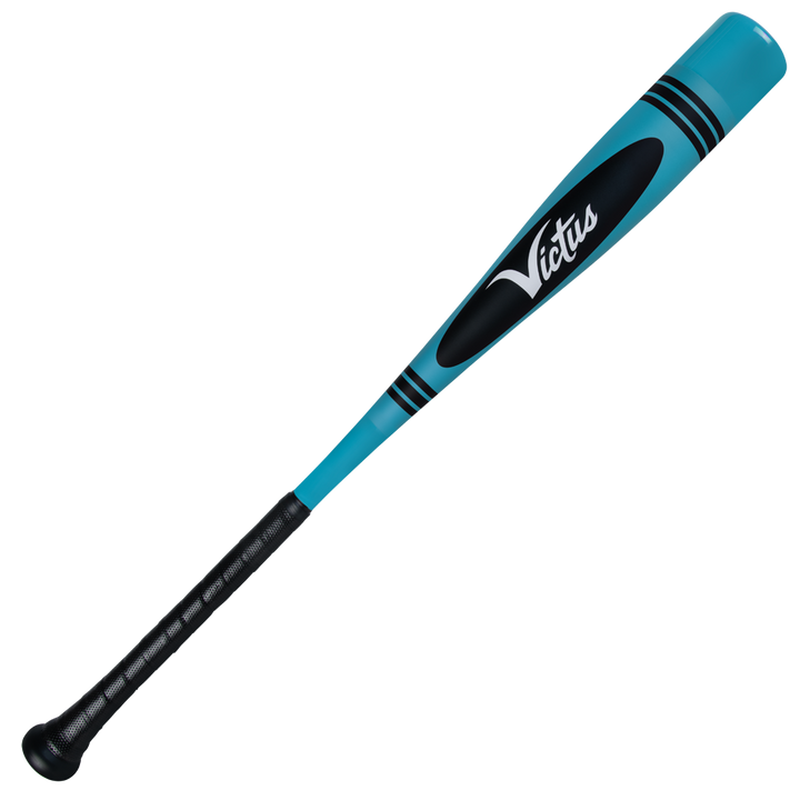 The 2025 Victus Vibe Crayon (-10) 2 5/8" USA Baseball Bat features a turquoise and black one-piece aluminum design with black grip tape, black accents, a vibration-reducing knob, and the Victus brand printed on it.