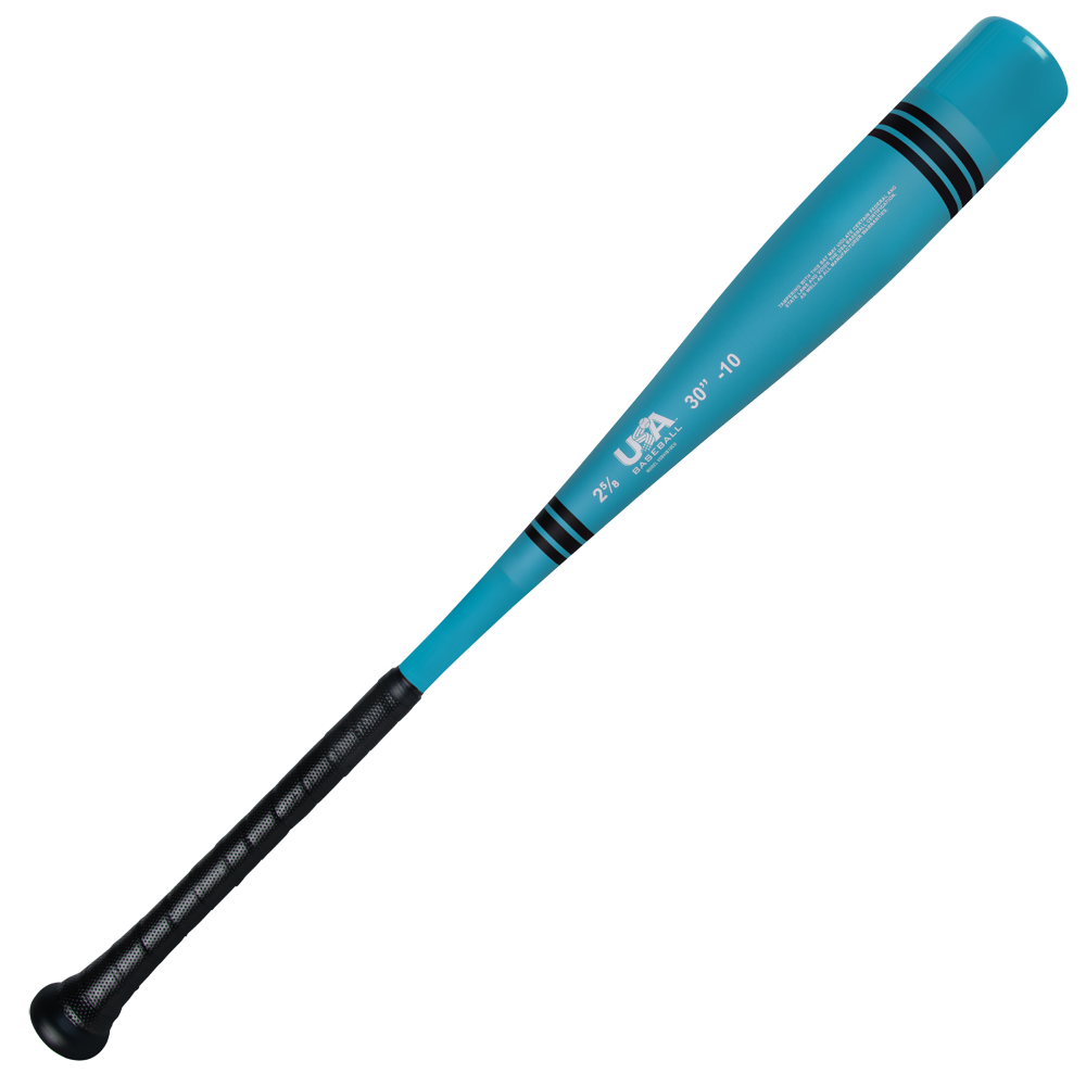 The 2025 Victus Vibe Crayon (-10) USA Baseball Bat (VSBVIB10CU) by Victus is a blue and black one-piece aluminum bat with a black grip, black barrel stripes, vibration-reducing knob, and white specs printed on the barrel.