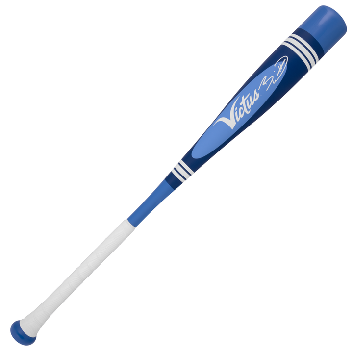 The 2025 Victus Vibe Pro-Crayon Bobby Witt Jr (-10) USA Baseball Bat features a blue and white design, vibration reducing knob, white grip tape, bold white barrel stripes, and a prominent Victus logo.