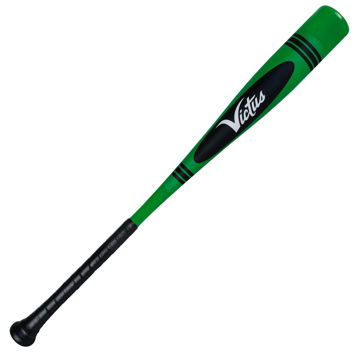 The 2025 Victus Vibe Crayon (-10) USA Baseball Bat by Victus features a green and black one-piece aluminum design, white “Victus” on the barrel, two black barrel stripes, a black grip, and a vibration-reducing knob for comfort.