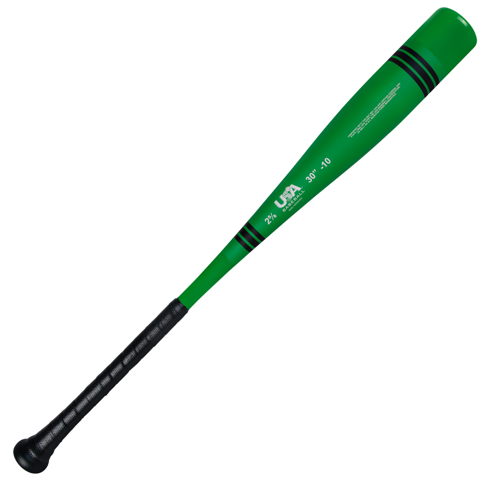 The 2025 Victus Vibe Crayon (-10) USA Baseball Bat features a green finish, black grip tape, black barrel stripes, and a vibration reducing knob. Labeled “USA Baseball” and “2 5/8 in, 30 in, -10.” Brand: Victus.