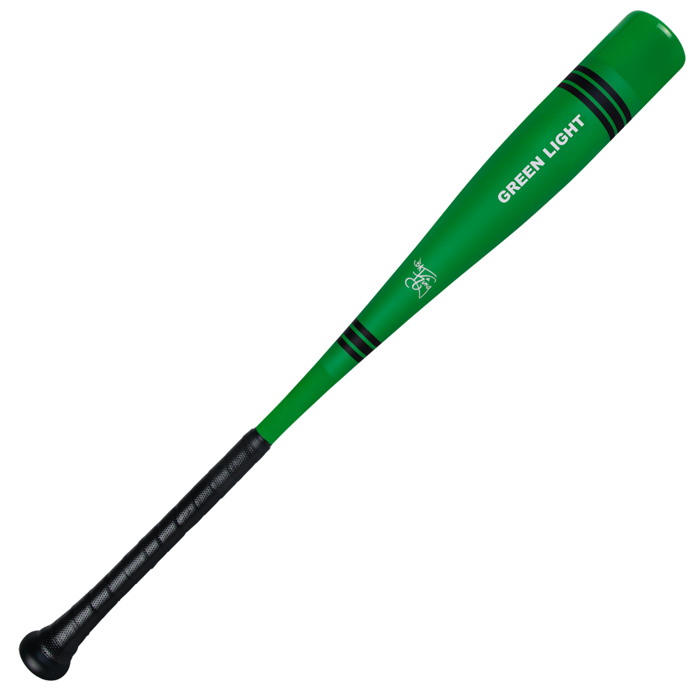 The 2025 Victus Vibe Crayon (-10) USA Baseball Bat by Victus features a green barrel with black stripes, "GREEN LIGHT" in white, and a black textured grip handle with a vibration-reducing knob for comfort.