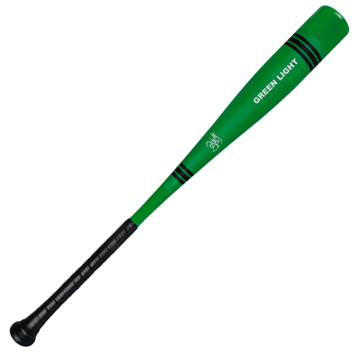 The 2025 Victus Vibe Crayon (-10) USA Baseball Bat by Victus features a green barrel with black stripes, "GREEN LIGHT" in white, and a black textured grip handle with a vibration-reducing knob for comfort.